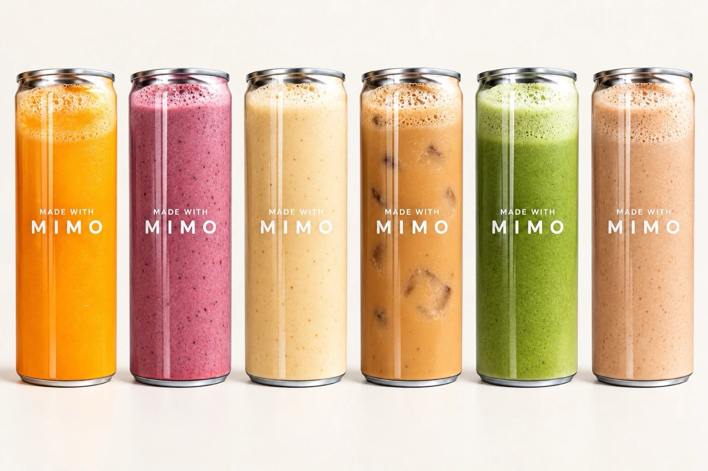 Six MIMO cans: orange juice, berry smoothie, vanilla smoothie, iced coffee, green juice and iced chai